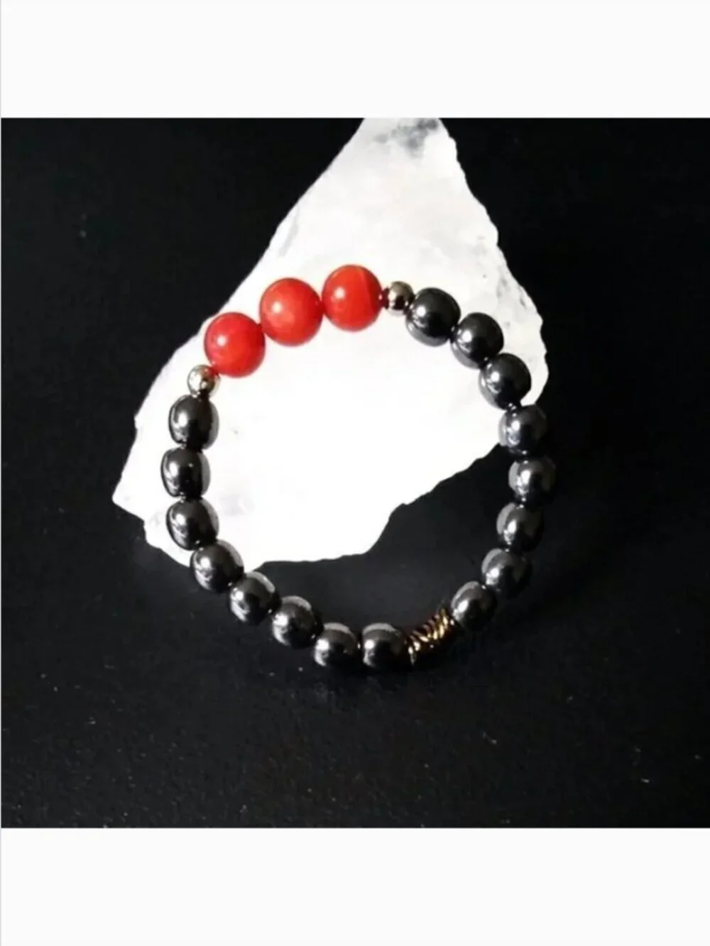 Dark Academia Hematite & Red Coral Gemstone Ring ~ Gothic Boho Midi Stacker